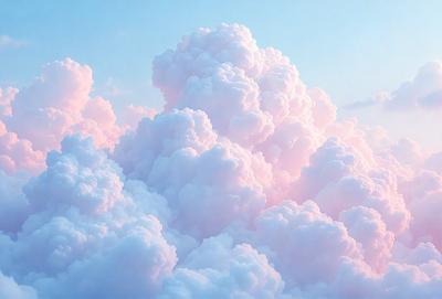 The primary subject of the image is a cloud, which is the main object, scene, or focus of the image. The cloud is pink and white, and it is set against a blue sky. The visual style of the image is a photo, and the dominant colors and overall atmosphere are pink and white, giving the scene a soft and delicate appearance.