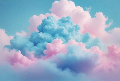 The primary subject of the image is a large, colorful cloud with a pink and blue hue. The cloud is surrounded by a blue sky, creating a vibrant and lively atmosphere. The visual style of the image is a combination of photo and digital art, as it appears to be a photo of a painting or a digital illustration. The colors and mood of the image are predominantly pink and blue, giving it a cheerful and uplifting feel.