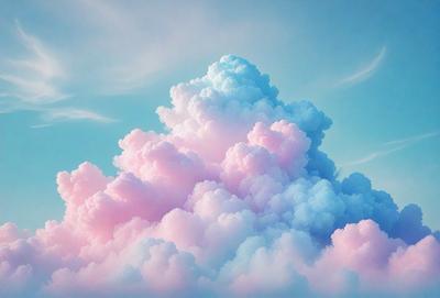 The primary subject of the image is a large, fluffy cloud with a pink and white color scheme. The cloud is floating in a blue sky, creating a serene and calming atmosphere. The visual style of the image is a combination of photo and digital art, as it appears to be a real cloud captured in a photo, yet the colors and overall appearance have a digital art quality to them. The dominant colors in the image are pink and white, with the blue sky providing a contrasting backdrop.