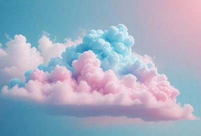 The primary subject of the image is a large, colorful cloud with a pink and blue hue. The cloud is floating in a blue sky, creating a vibrant and lively atmosphere. The visual style of the image is a combination of photo and digital art, as it appears to be a real cloud captured in a photo, yet the colors and patterns are enhanced and manipulated to create a more artistic and visually appealing scene.