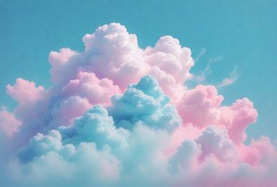 The primary subject of the image is a large, colorful cloud in the sky. The cloud is predominantly pink and blue, with some white elements. The setting is a clear blue sky, which provides a contrasting background for the cloud. The visual style of the image is a combination of photo and digital art, creating a vibrant and lively atmosphere. The dominant colors and overall mood of the image are joyful, playful, and whimsical.