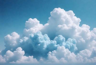 The primary subject of the image is a cloudy sky filled with various cloud formations. The setting is a blue sky, which serves as the backdrop for the clouds. The visual style of the image is a combination of photo and digital art, creating a realistic yet artistic representation of the cloudy sky. The colors in the image are predominantly blue and white, with the clouds taking on different shades of blue and white. The overall atmosphere of the image is serene and peaceful, as the clouds float gracefully in