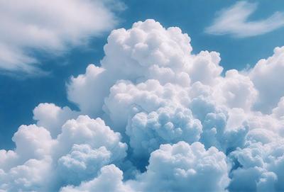The primary subject of the image is a large, fluffy cloud in the sky. The cloud is surrounded by a blue sky, creating a serene and peaceful atmosphere. The setting is outdoors, with no visible buildings or other objects in the background. The visual style of the image is a photo, capturing the beauty of the cloud in its natural environment. The dominant colors in the image are blue and white, with the cloud being predominantly white and the sky being a deep shade of blue.
