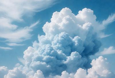 The primary subject of the image is a cloudy sky filled with white clouds. The setting is a blue sky, which serves as the backdrop for the clouds. The visual style of the image is a combination of photo and digital art, creating a realistic yet artistic representation of the cloudy sky. The dominant colors in the image are white and blue, giving the scene a calm and serene atmosphere.