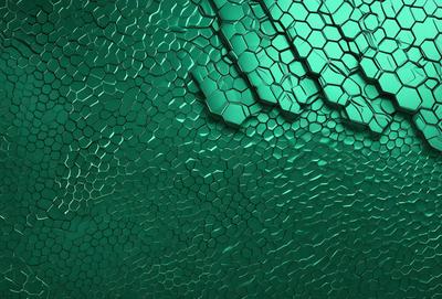 The primary subject of the image is a green, textured wall with a patterned design. The setting is a room with a green wall, and the visual style appears to be a combination of a photo and digital art. The dominant colors are green and blue, creating a calm and soothing atmosphere.