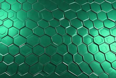 The primary subject of the image is a green, hexagonal pattern. The setting is a green background, which creates a vibrant and lively atmosphere. The visual style is a combination of a photo and digital art, as the green pattern appears to be a digital design. The colors and mood of the image are predominantly green, giving it a fresh and natural feel.
