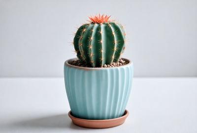 The primary subject of the image is a small cactus planted in a blue and white pot. The pot is placed on a white surface, which serves as the background. The visual style of the image is a photo, capturing the details of the cactus and the pot. The colors and mood of the image are predominantly white and blue, creating a calm and serene atmosphere.