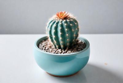 The primary subject of the image is a small cactus planted in a blue bowl filled with rocks. The cactus is sitting on a table, and the bowl is placed on a white surface. The visual style of the image is a close-up of the cactus in the bowl, showcasing the plant's details. The colors and mood of the image are predominantly blue, with the blue bowl and the white surface creating a calm and serene atmosphere.