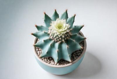 The primary subject of the image is a cactus plant in a blue bowl. The cactus is surrounded by rocks, and it is placed on a table. The setting appears to be indoors, with a white background. The visual style is a close-up of the cactus, showcasing its unique features. The dominant colors in the image are blue and green, creating a calm and serene atmosphere.