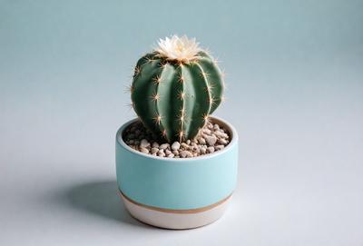 The primary subject of the image is a small cactus planted in a blue ceramic pot. The pot is filled with rocks, providing a natural and aesthetically pleasing environment for the cactus. The setting is a table, and the visual style is a close-up shot of the cactus in the pot. The colors in the image are predominantly blue and green, creating a calm and serene atmosphere.