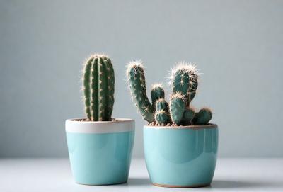The primary subject of the image is a pair of blue ceramic pots filled with cacti. The setting is a table, and the visual style is a photo. The dominant colors are blue and green, creating a calm and serene atmosphere.