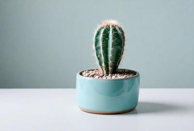 The primary subject of the image is a small cactus planted in a blue ceramic pot. The pot is placed on a white table, which serves as the setting for the scene. The visual style of the image is a photo, capturing the cactus in its natural habitat. The colors in the image are predominantly blue and white, creating a calm and serene atmosphere.