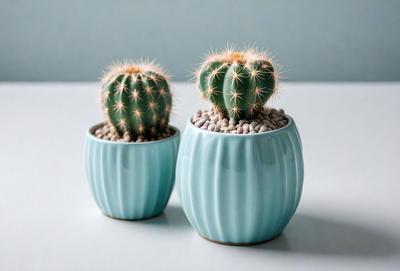 The primary subject of the image is a pair of blue ceramic vases filled with small cacti. The vases are placed on a white table, creating a visually appealing contrast between the blue vases and the white surface. The cacti in the vases are small and green, adding a touch of natural beauty to the scene. The overall atmosphere of the image is calm and serene, with the cacti and vases serving as a decorative focal point.