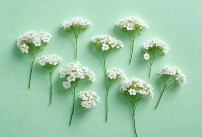 The primary subject of the image is a group of white flowers, which are the main objects in the scene. The flowers are arranged in a visually appealing manner, creating a sense of harmony and beauty. The setting is a green background, which provides a natural and calming atmosphere. The visual style of the image is a combination of photo and digital art, resulting in a high-quality and detailed representation of the flowers. The colors and mood of the image are predominantly white, which adds to the serene and peaceful
