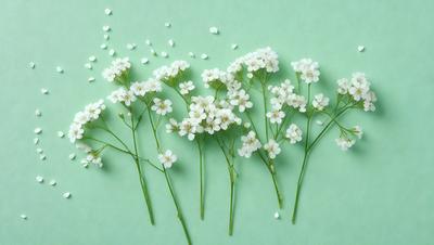 The primary subject of the image is a close-up of a flower, with a focus on its petals and stems. The setting is a green background, which adds a natural and vibrant touch to the scene. The visual style is a combination of photo and digital art, creating a realistic yet artistic representation of the flower. The colors are predominantly white and green, giving the image a fresh and lively atmosphere.