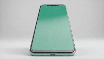 The primary subject of the image is a cell phone. The cell phone is placed on a white surface, which serves as the background. The visual style of the image is a photo, capturing the cell phone in its natural environment. The dominant colors in the image are green and white, creating a clean and modern atmosphere.