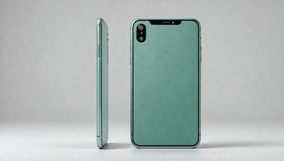 The primary subject of the image is a cell phone, which is displayed in a close-up view. The cell phone is a teal color, and it is placed on a white surface. The setting appears to be a studio or a controlled environment, as the background is plain and uncluttered. The visual style of the image is a close-up of the cell phone, emphasizing its design and details. The colors and mood of the image are predominantly cool and modern, with the teal cell phone standing out against