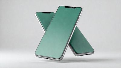 The primary subject of the image is a cell phone. The setting is a white background, and the visual style is a photo. The cell phone is displayed in a unique way, with three different colored cell phones stacked on top of each other. The dominant colors in the image are green, blue, and white, creating a modern and sleek appearance.