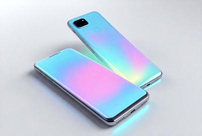 The primary subject of the image is a pair of cell phones with colorful, rainbow-like reflections on their backs. The setting is a white background, which provides a clean and minimalist look. The visual style is a close-up of the cell phones, showcasing their unique and vibrant colors. The overall atmosphere is bright, cheerful, and eye-catching, with the reflections adding a touch of whimsy to the scene.