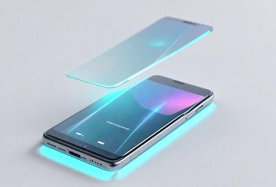 The primary subject of the image is a cell phone. The cell phone is placed on a white surface, which serves as the background. The visual style of the image is a photo, showcasing the cell phone's screen and its surroundings. The colors and mood of the image are predominantly blue and purple, creating a calm and serene atmosphere.