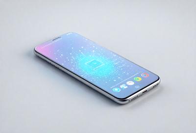 The primary subject of the image is a smartphone with a blue and white screen. The setting is a white background, and the visual style is a digital art or illustration. The dominant colors are blue and white, creating a calm and clean atmosphere.