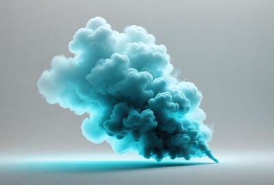 The primary subject of the image is a large, blue cloud that appears to be a smoke or steam effect. The cloud is floating in a gray, empty space, giving it a dramatic and mysterious appearance. The visual style of the image is a combination of photo and digital art, creating a unique and captivating scene. The dominant colors in the image are blue and gray, which contribute to the overall mood of the image, evoking a sense of depth and intrigue.