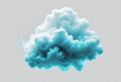 The primary subject of the image is a large, blue cloud. The cloud is floating in a gray, empty sky, creating a sense of depth and space. The visual style of the image is digital art, as it appears to be a computer-generated or manipulated image. The dominant colors in the image are blue and gray, giving it a calm and serene atmosphere.