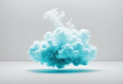 The primary subject of the image is a blue cloud, which appears to be a digital art or illustration. The cloud is floating in a white, empty space, giving it a clean and minimalist appearance. The visual style of the image suggests that it is a creative and artistic representation of a cloud, rather than a photograph or a real-life scene. The dominant colors in the image are blue and white, creating a calm and serene atmosphere.