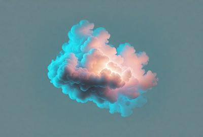 The primary subject of the image is a large, colorful cloud. The cloud is floating in a blue sky, which serves as the setting and background of the scene. The visual style of the image is a combination of photo and digital art, creating a vibrant and lively atmosphere. The dominant colors in the image are blue and pink, which contribute to the overall mood of the scene.