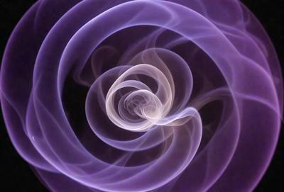 The primary subject of the image is a purple spiral, which appears to be a smoke or vapor pattern. The setting is a dark background, which contrasts with the purple spiral. The visual style is a combination of a photo and digital art, creating a unique and intriguing appearance. The colors and mood of the image are predominantly purple, giving it a mysterious and captivating atmosphere.