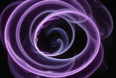 The primary subject of the image is a purple spiral, which appears to be a smoke or a purple swirl. The setting is a dark background, which contrasts with the purple spiral. The visual style is a close-up of the spiral, showcasing its intricate details. The colors and mood of the image are predominantly purple, creating a sense of mystery and elegance.