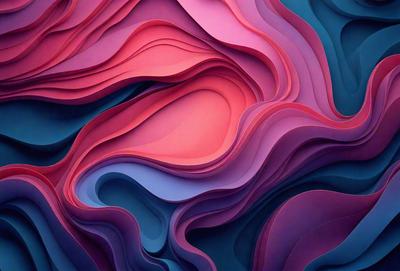 The primary subject of the image is a large, colorful, and textured piece of artwork. The setting is a blue background, which contrasts with the vibrant colors of the artwork. The visual style appears to be a combination of digital art and illustration, creating a unique and eye-catching piece. The dominant colors are purple, pink, and blue, giving the artwork a lively and energetic atmosphere.