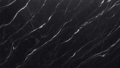 The primary subject of the image is a marble countertop with a black and white pattern. The setting is a kitchen, and the visual style is a close-up of the marble countertop. The colors and mood of the image are predominantly black and white, giving it a classic and elegant appearance.