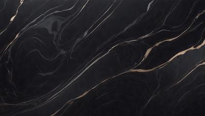 The primary subject of the image is a black marble countertop with a patterned design. The setting is a kitchen, and the visual style is a close-up of the marble countertop. The colors and mood of the image are dark and dramatic, with the black marble providing a striking contrast against the background.