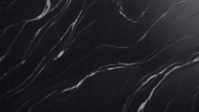 The primary subject of the image is a black marble countertop with a white pattern. The setting is a kitchen, and the visual style is a close-up of the marble countertop. The dominant colors are black and white, creating a sleek and modern atmosphere.