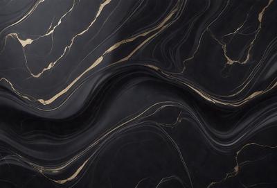 The primary subject of the image is a marble countertop with a gold-colored design. The setting is a kitchen, and the visual style is a close-up of the marble countertop. The colors and mood of the image are predominantly black and gold, creating a luxurious and elegant atmosphere.