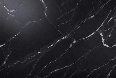 The primary subject of the image is a black marble countertop. The setting is a kitchen, with the countertop being the main focus of the scene. The visual style is a close-up of the marble countertop, showcasing its texture and pattern. The colors and mood of the image are predominantly dark, with the black marble countertop being the main source of contrast and visual interest.