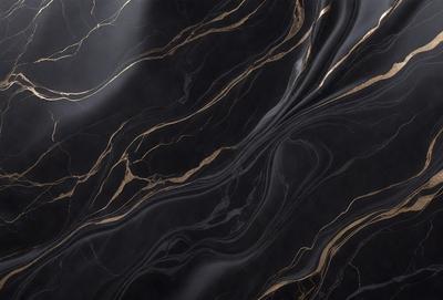 The primary subject of the image is a black marble countertop with gold veins running through it. The setting is a kitchen, and the visual style is a close-up of the marble countertop. The dominant colors are black and gold, creating a luxurious and elegant atmosphere.