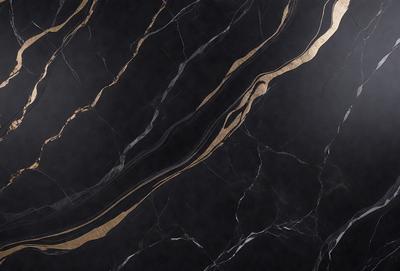 The primary subject of the image is a marble countertop with a gold-colored design. The setting is a kitchen, and the visual style is a close-up of the marble countertop. The colors and mood of the image are predominantly black and gold, giving it a luxurious and elegant appearance.