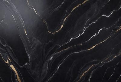 The primary subject of the image is a black marble countertop with a gold pattern. The setting is a kitchen, and the visual style is a close-up of the marble countertop. The dominant colors are black and gold, creating a luxurious and elegant atmosphere.