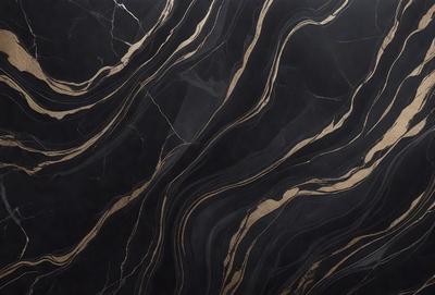 The primary subject of the image is a marble countertop with a black and gold pattern. The setting is a kitchen, and the visual style is a close-up of the countertop. The dominant colors are black and gold, creating a luxurious and elegant atmosphere.