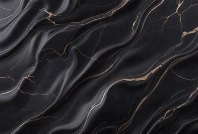The primary subject of the image is a close-up of a marble countertop with a black and gold pattern. The setting is a kitchen or bathroom counter, and the visual style is a photo. The dominant colors are black and gold, creating a luxurious and elegant atmosphere.