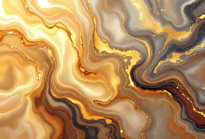 The primary subject of the image is a close-up of a marble-like surface with a gold and brown color palette. The setting is a natural environment, possibly a rock formation or a stone wall. The visual style appears to be a combination of a photo and a digital artwork, as it captures the intricate details of the marble and the gold and brown colors. The colors and mood of the image evoke a sense of natural beauty and richness.