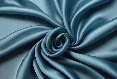 The primary subject of the image is a blue fabric, which appears to be a piece of silk. The setting is a dark blue background, which contrasts with the blue fabric. The visual style is a close-up of the fabric, showcasing its texture and pattern. The colors and mood of the image are predominantly dark and moody, with the blue fabric serving as the focal point.