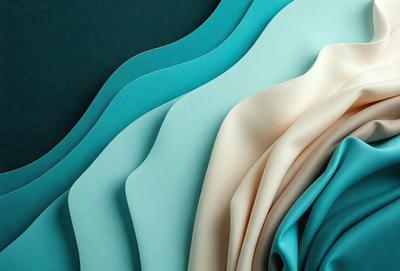 The primary subject of the image is a collection of different colored fabrics, including blue, pink, and white. These fabrics are arranged in a visually appealing manner, creating a sense of depth and dimension. The setting is a blue background, which provides a contrasting and complementary color to the fabrics. The visual style of the image is a combination of photo and digital art, as it showcases the fabrics in a way that highlights their textures and colors. The overall atmosphere of the image is one of cre
