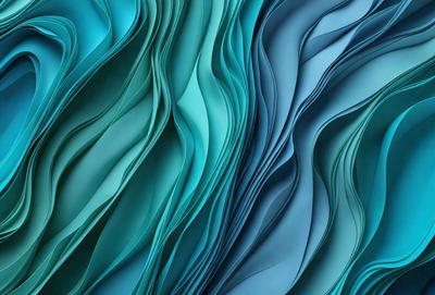 The primary subject of the image is a large, colorful, and textured wall made of blue and green fabric. The setting is a room with a blue and green color scheme, which complements the vibrant wall. The visual style is a combination of digital art and illustration, creating a unique and eye-catching design. The dominant colors are blue and green, giving the wall a lively and energetic atmosphere.