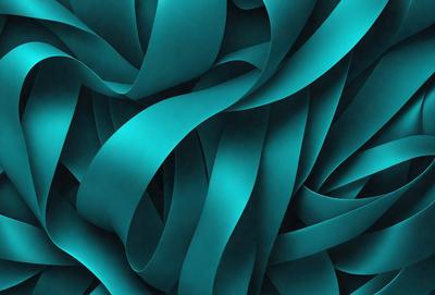 The primary subject of the image is a large, blue, curly ribbon. The ribbon is the main object, scene, or focus of the image. The setting or background is a blue surface, which could be a wall or a background. The visual style of the image is a close-up of the blue ribbon, showcasing its texture and details. The dominant colors in the image are blue and turquoise, creating a calm and soothing atmosphere.