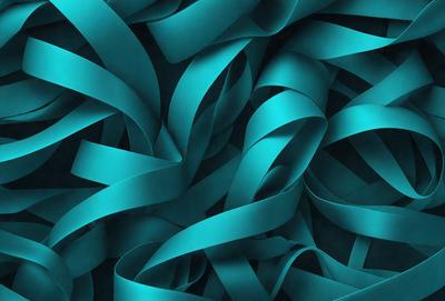 The primary subject of the image is a blue, curly ribbon. The ribbon is wavy and appears to be a part of a larger pattern. The setting is a blue background, which complements the blue ribbon. The visual style is a close-up of the ribbon, showcasing its texture and details. The colors and mood of the image are predominantly blue, creating a calm and soothing atmosphere.