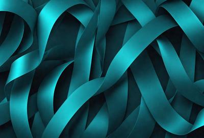 The primary subject of the image is a blue, curly ribbon. The ribbon is wavy and appears to be a part of a larger pattern. The setting is a dark blue background, which contrasts with the bright blue ribbon. The visual style is a close-up of the ribbon, showcasing its texture and details. The colors and mood of the image are predominantly blue, creating a calm and serene atmosphere.