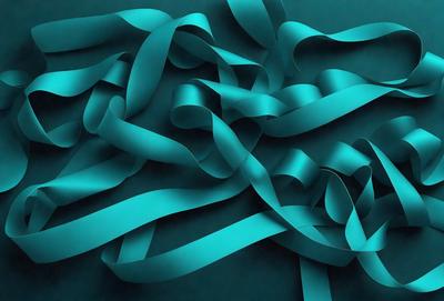 The primary subject of the image is a blue, curly ribbon. The ribbon is wound around itself, creating a complex and intricate pattern. The setting is a dark blue background, which contrasts with the vibrant blue of the ribbon. The visual style is a close-up of the ribbon, showcasing its texture and details. The colors and mood of the image are predominantly blue, giving it a calm and serene atmosphere.